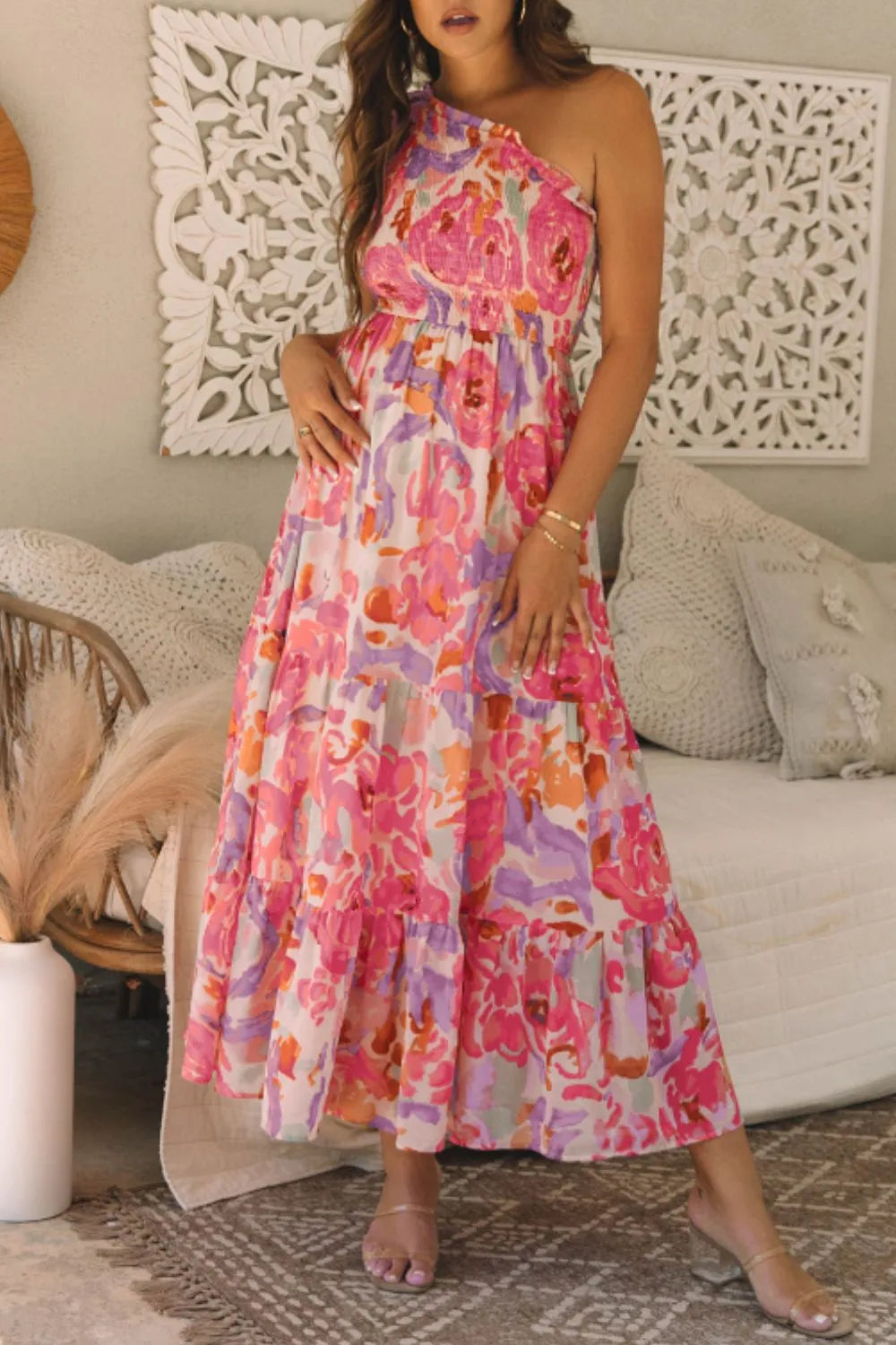 Floral Print One Shoulder Maxi Dress