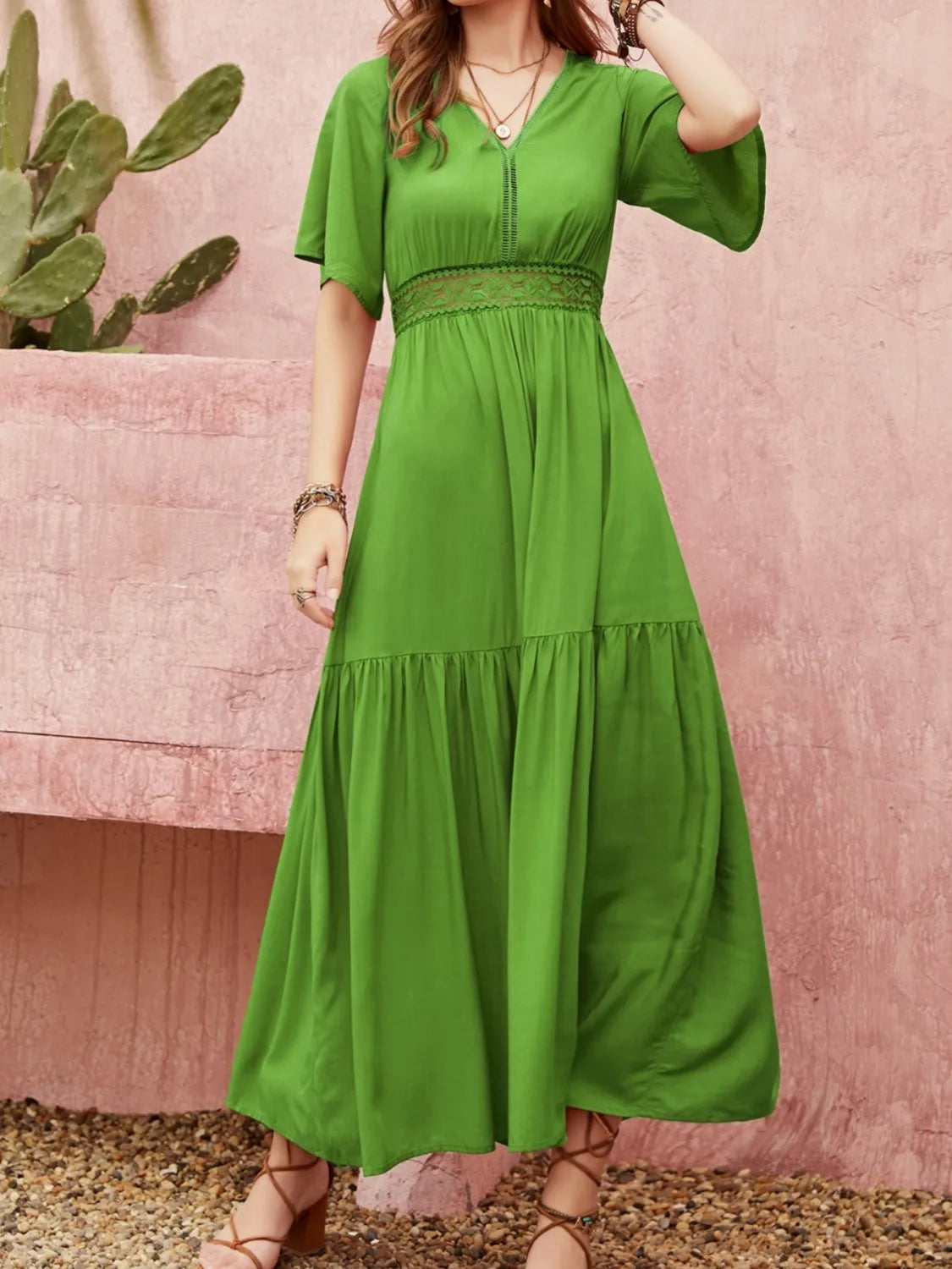 Lace-Detailed V-Neck Short-Sleeve Maxi Dress