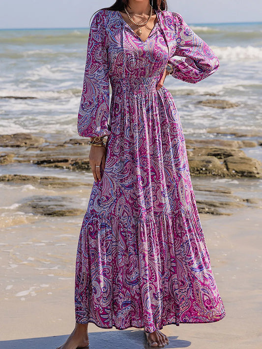 Paisley Maxi Dress - Tie Neck Balloon Sleeve Long Dress 