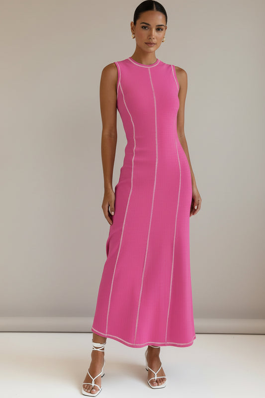Contrast Stitch Maxi Tank Dress - Women's Casual Chic Long Dress hot pink