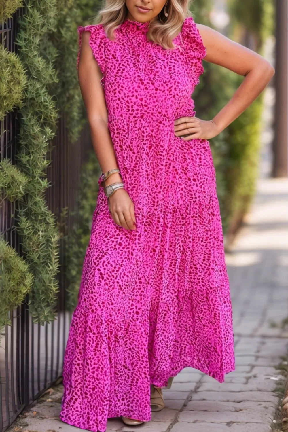 Pink Leopard Print Ruffle Sleeve Maxi Dress