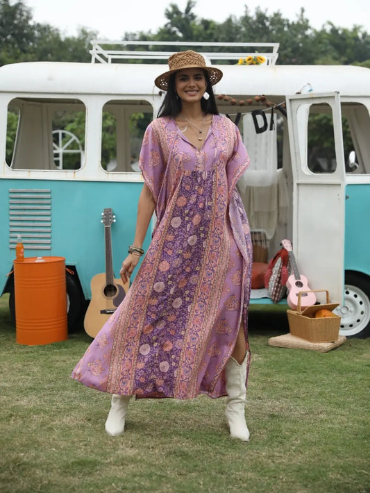 Boho Floral Maxi Dress with Tie Neck - Women's Boho Maxi Dress