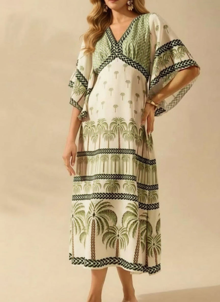 Palm Print Midi Dress Women V-Neck Floral Print Summer Dress green