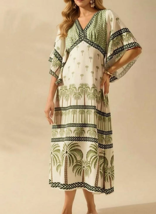 Palm Print Midi Dress Women V-Neck Floral Print Summer Dress green