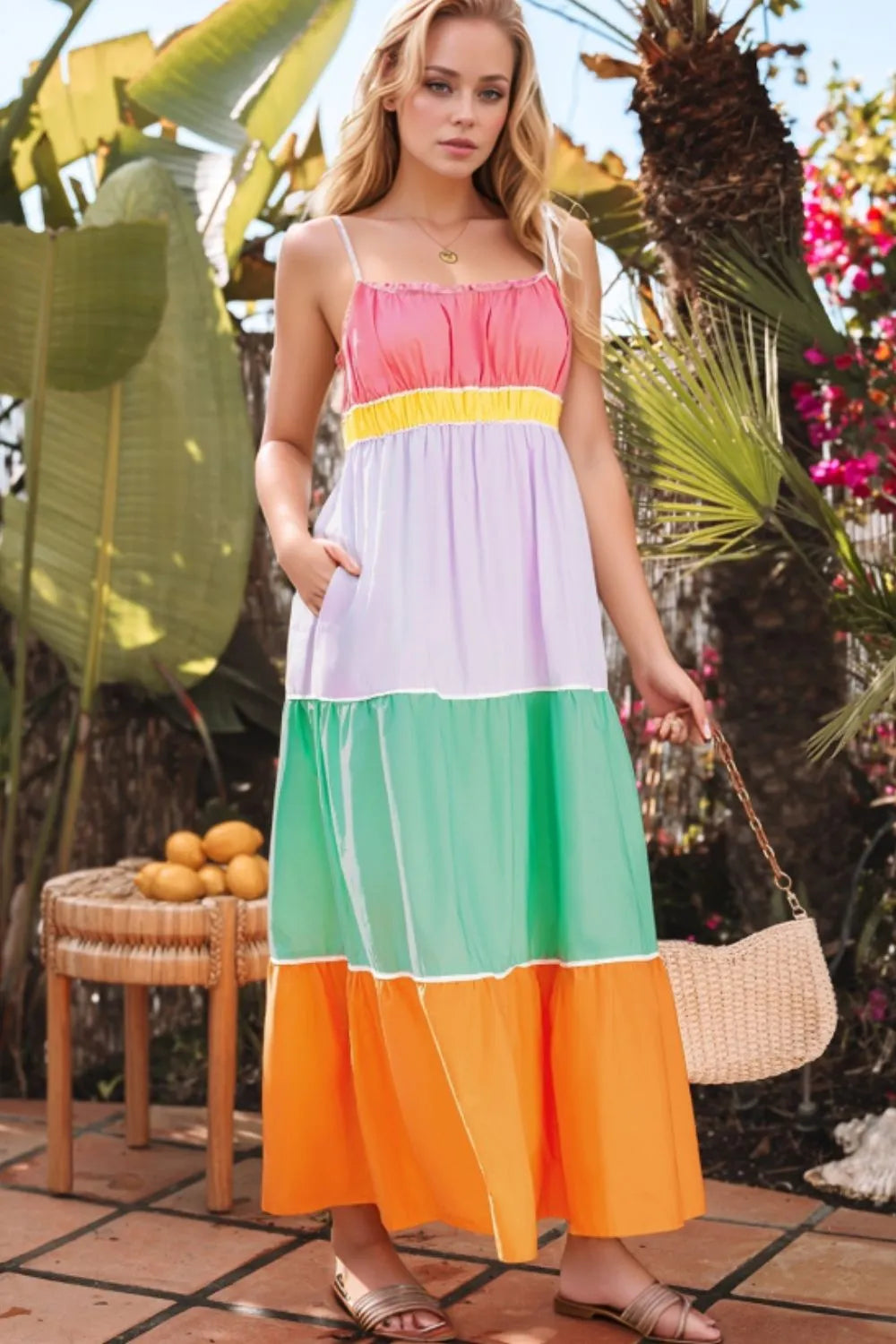 Color Block Tiered Maxi Dress with Pockets