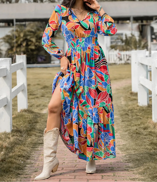 Floral Maxi Dress Long Sleeve - Smocked Waist Tie Neck Balloon Sleeve Dress
