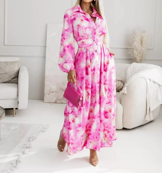 Women's Printed Button Front Maxi Shirt Dress - Long Sleeve Maxi Dress