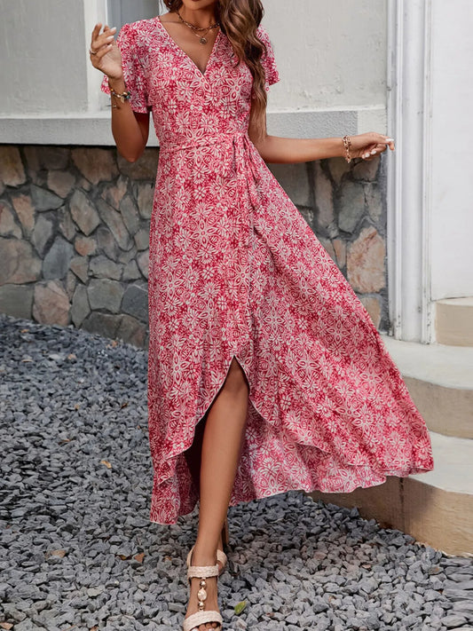 Printed Surplice Maxi Dress with Flutter Sleeves red