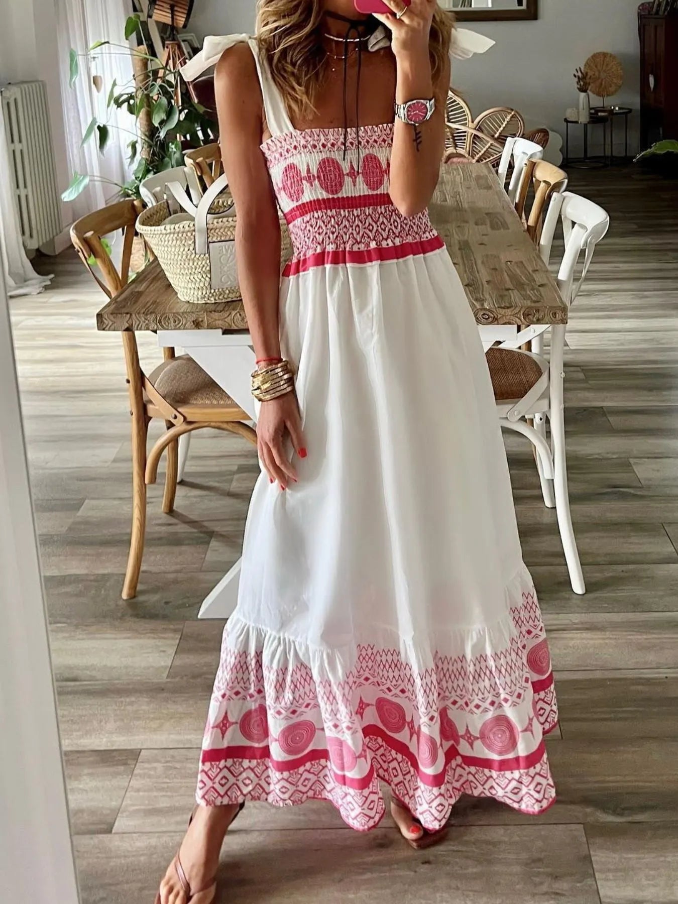 Smocked Printed Tie Shoulder Maxi Dress