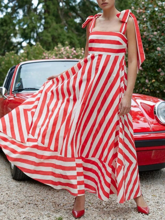 Striped Tie Shoulder Maxi Dress