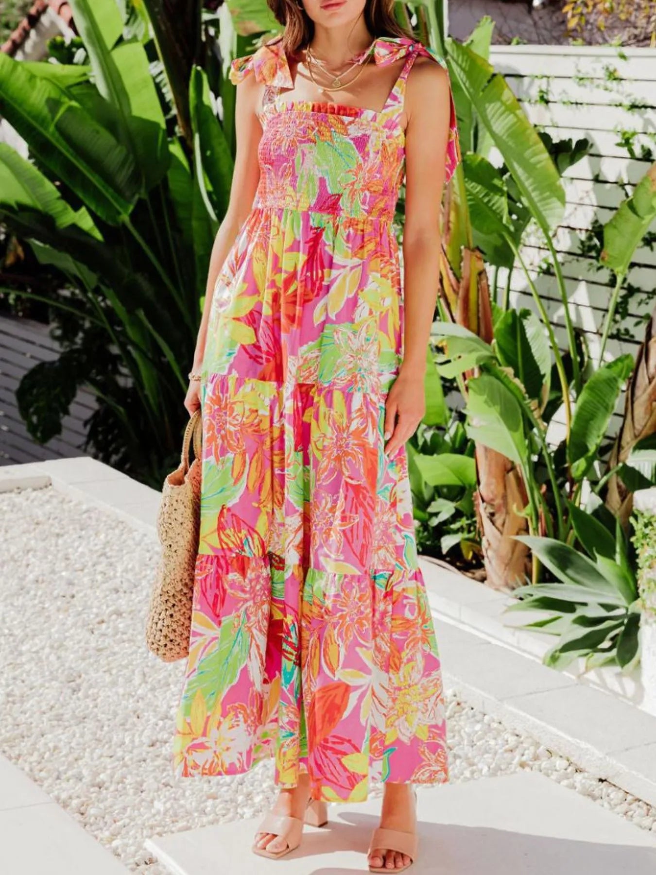 Tropical Print Tie Shoulder Maxi Dress