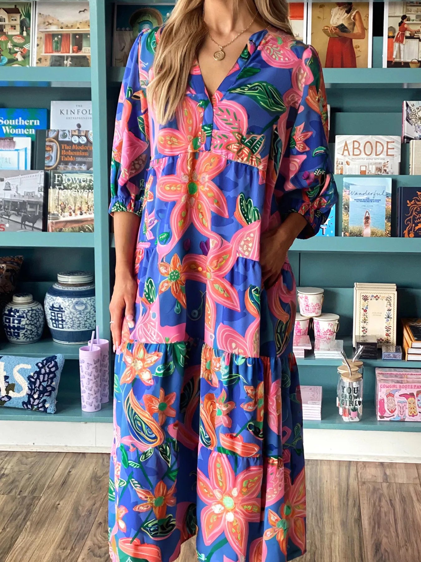 Floral Print 3/4 Sleeve Tiered Maxi Dress