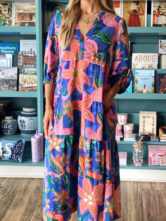 Floral Print 3/4 Sleeve Tiered Maxi Dress
