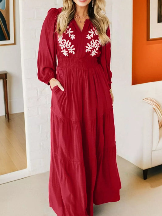 Red Maxi Dress Long Sleeve - Embroidered Tiered Dress with Pockets