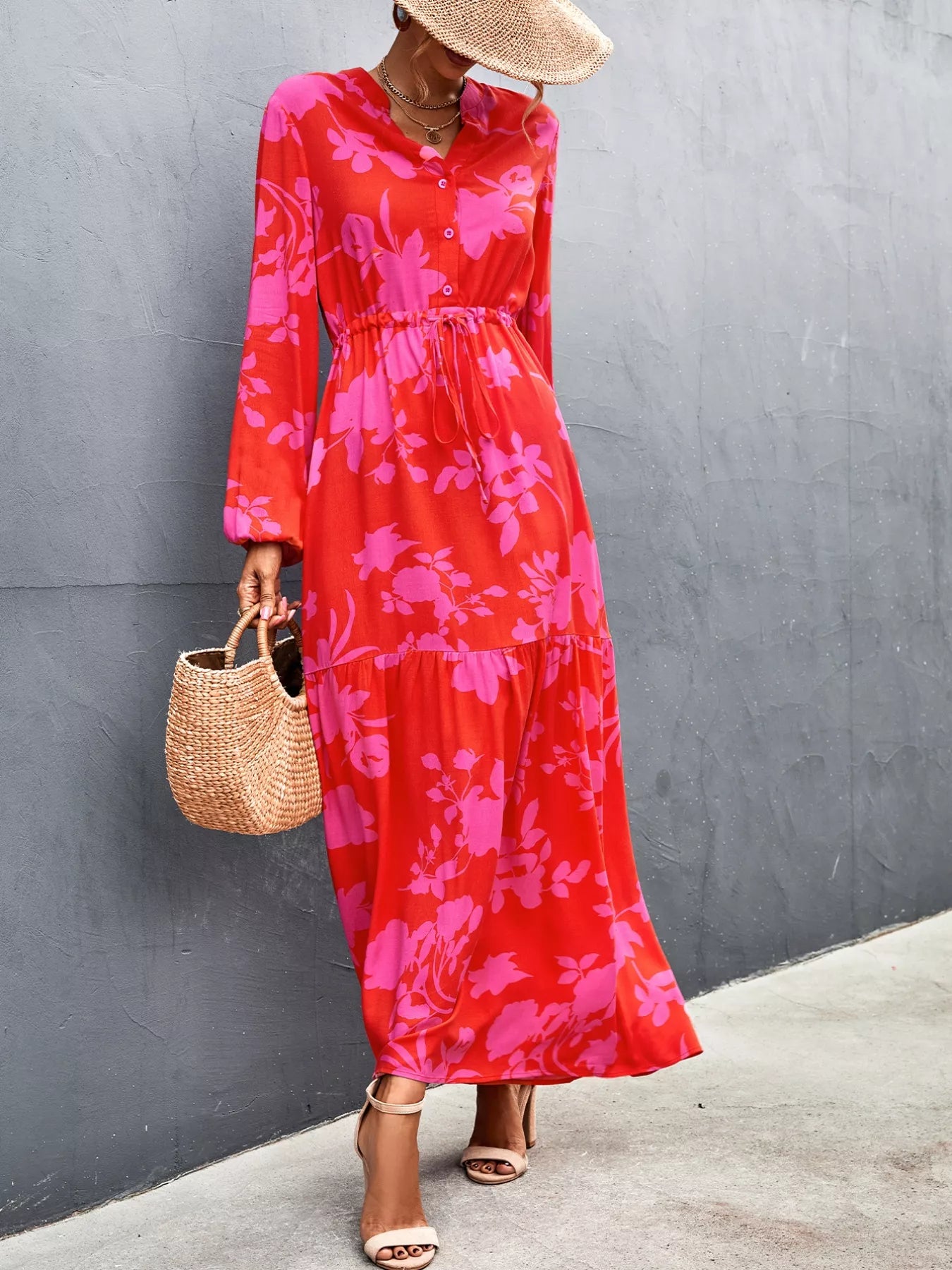 Floral Maxi Dress Long Sleeve - Button Front Drawstring Waist Dress