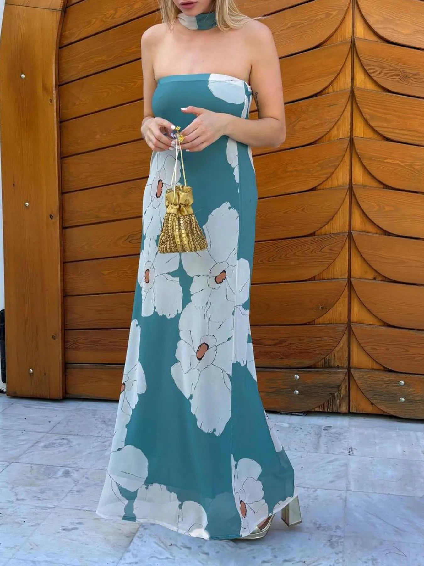 Floral Print Tube Maxi Dress teal