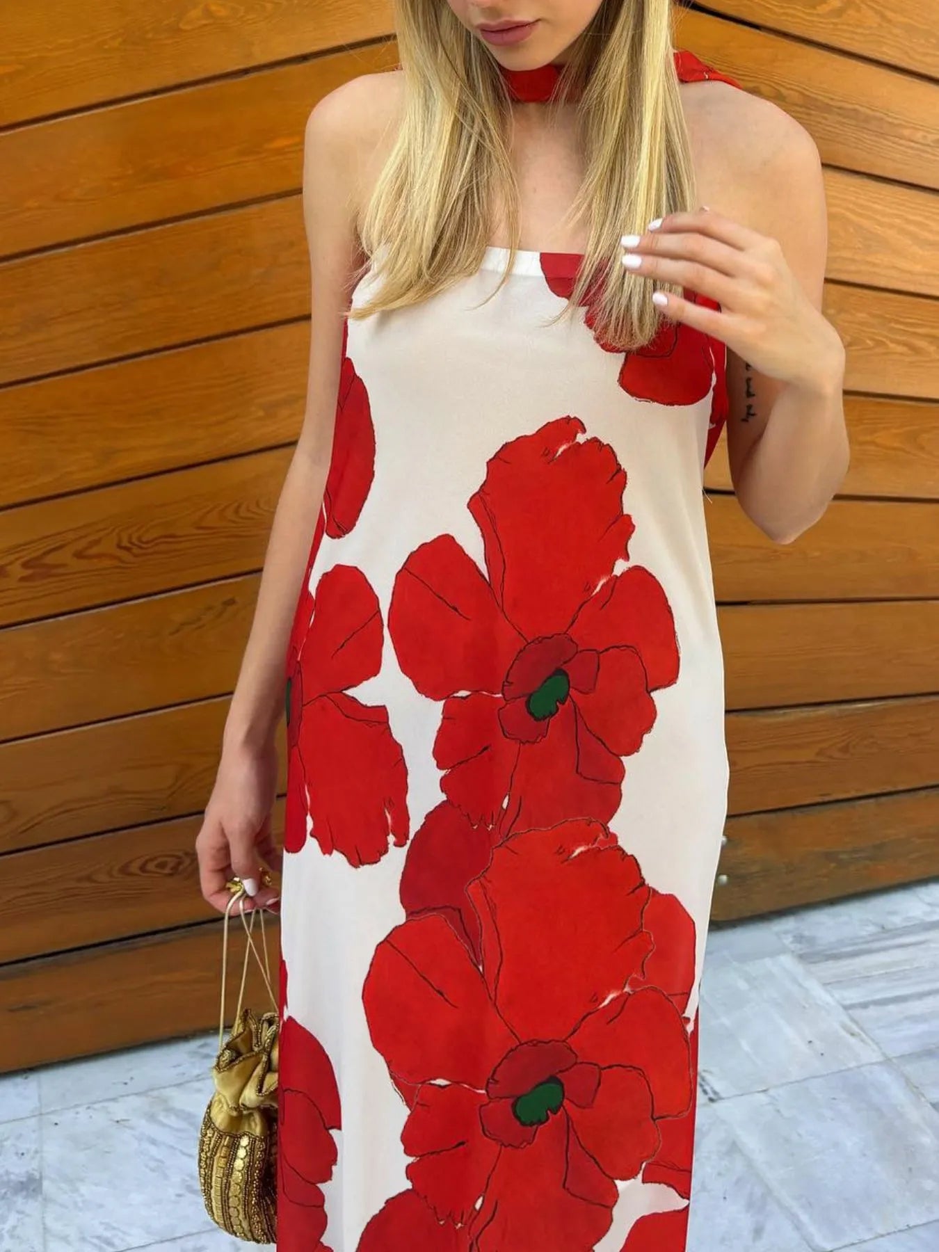 Floral Print Tube Maxi Dress red flower
