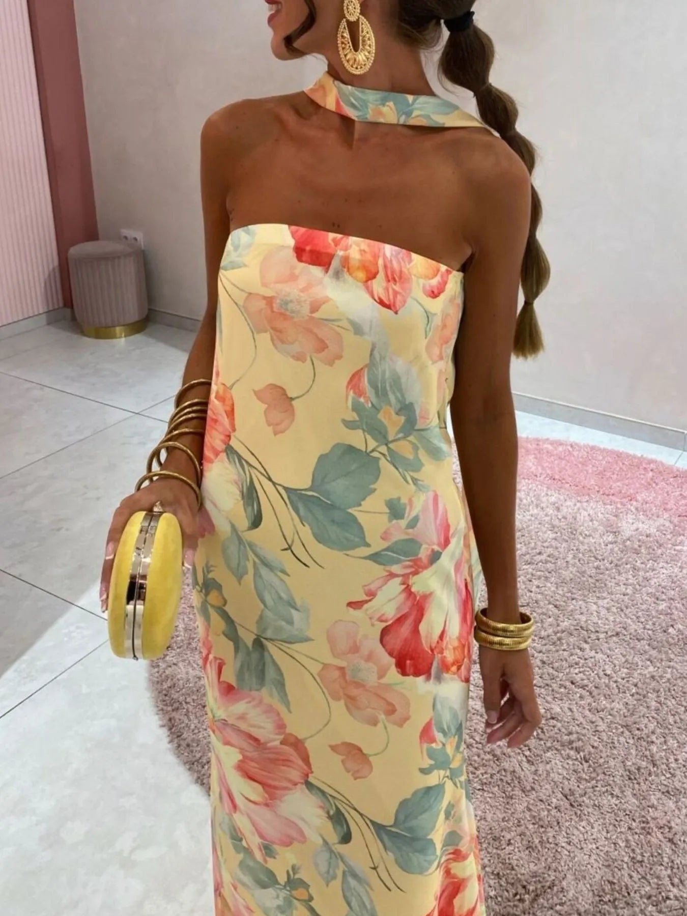 Floral Print Tube Maxi Dress yellow flower