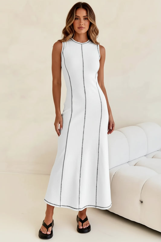Contrast Stitch Maxi Tank Dress - Women's Casual Chic Long Dress white