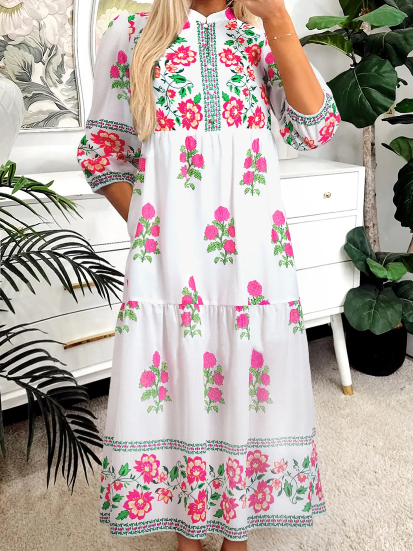 Floral Half Button Mandarin Neck 3/4 Sleeve Maxi Dress