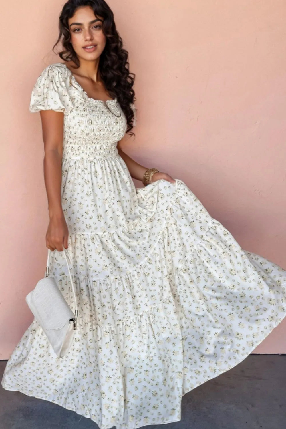 Floral Short Puff Sleeve Maxi Dress