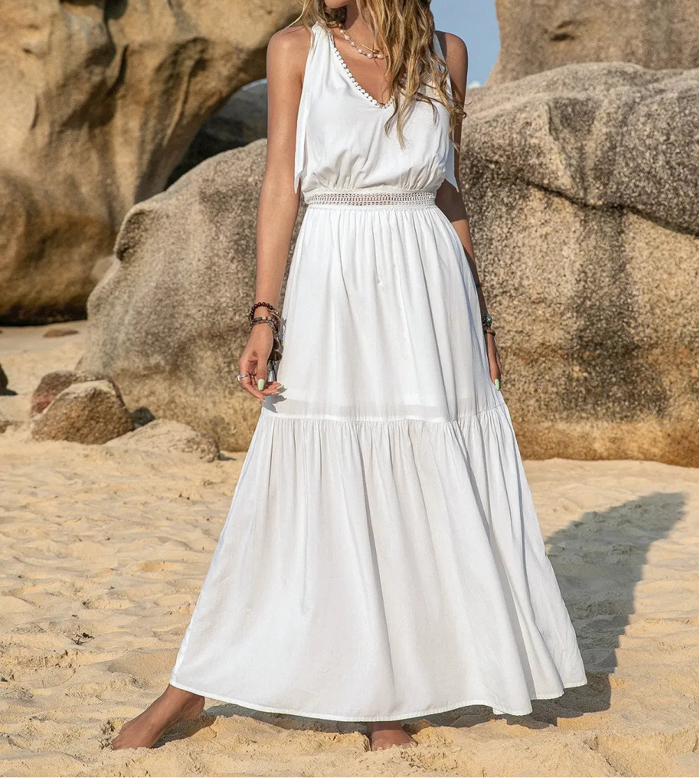 Tie-Shoulder Crochet-Trim Maxi Dress