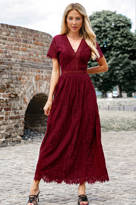Scalloped Trim Lace Plunge Maxi Dress wine