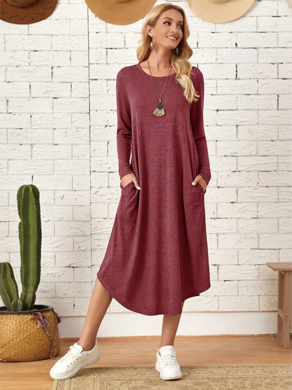 Long Sleeve Tee Dress with Pockets - Casual Midi Dress for Women