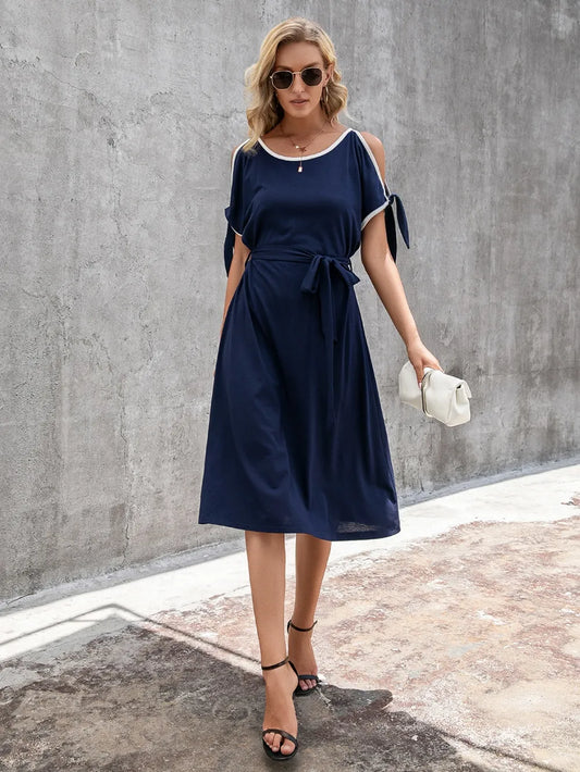 Cold Shoulder Belted Midi Dress Dark Blue
