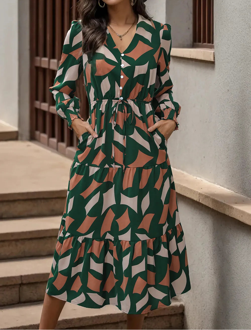 Modern Print Midi Dress with Lantern Sleeves and Pockets