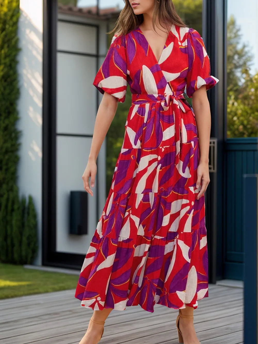 Floral Print Midi Dress with Waist Tie 