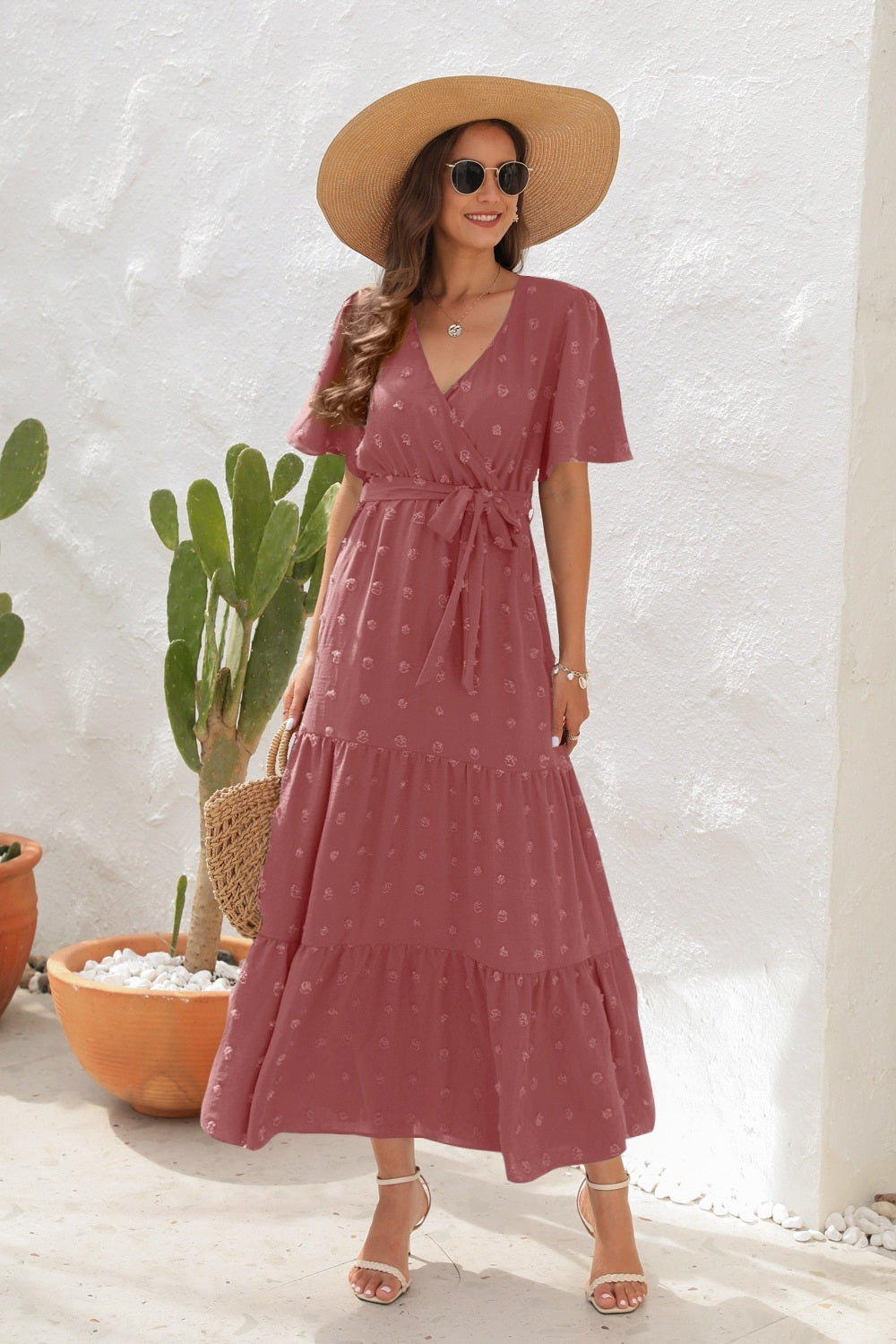 Women's Swiss Dot Midi Dress - Tie Waist Surplice Short Sleeve Dress - MARIGOLD COLLECTIONS AUSTRALIA