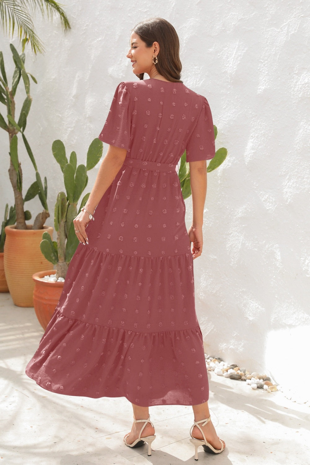 Women's Swiss Dot Midi Dress - Tie Waist Surplice Short Sleeve Dress - MARIGOLD COLLECTIONS AUSTRALIA