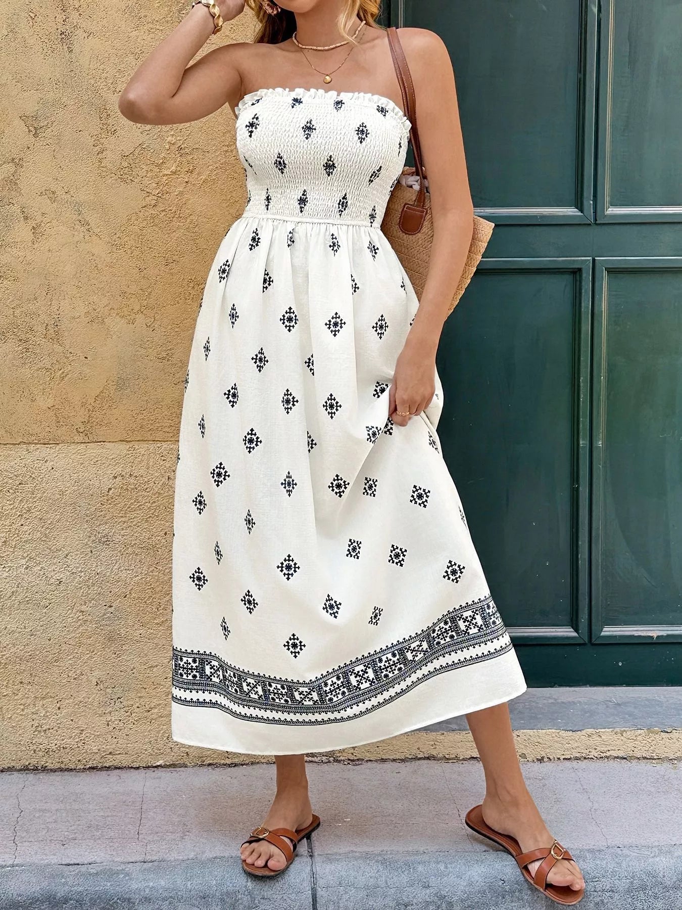Smocked Tube Midi Dress - Geometric Print Strapless Midi Dress