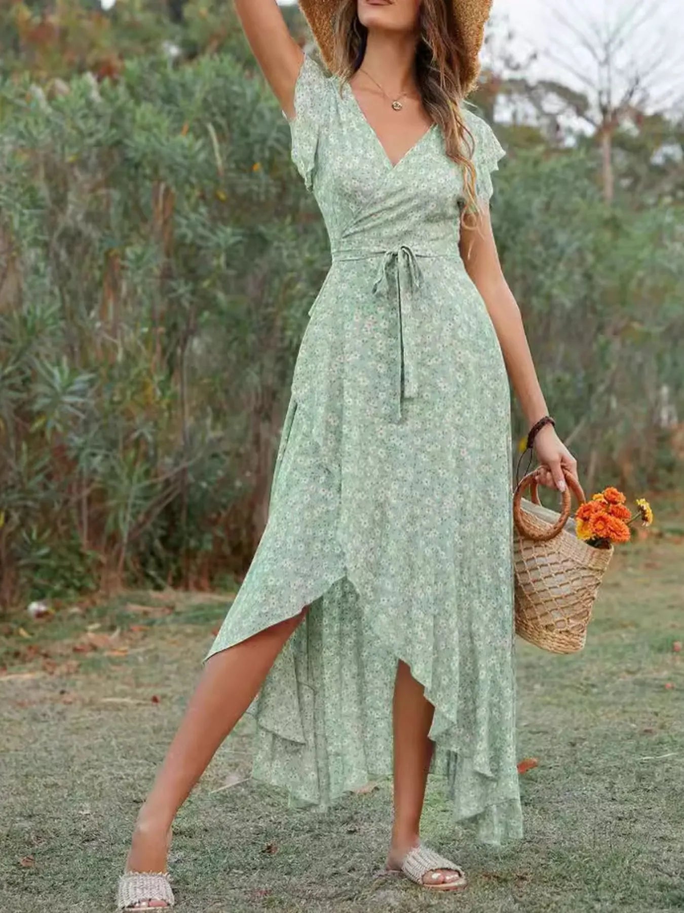 Floral Midi Dress Women - Surplice Ruffle Sleeve High Low Dress