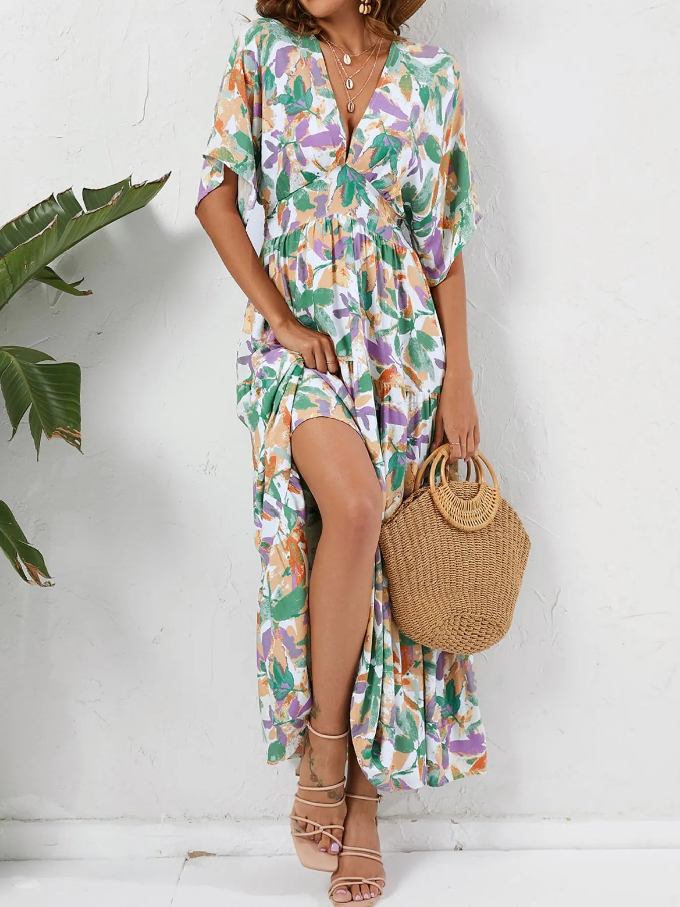 Floral Print V-Neck Boho Midi Dress - Women's Midi Dress