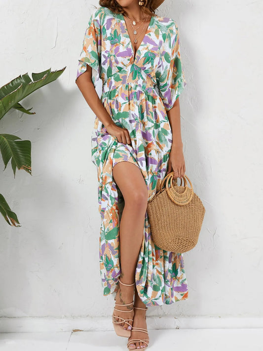 Floral Print V-Neck Boho Midi Dress - Women's Midi Dress