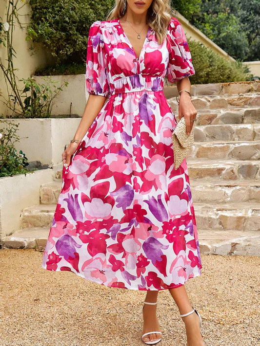 Abstract Floral Print Puff Sleeve Midi Dress pink