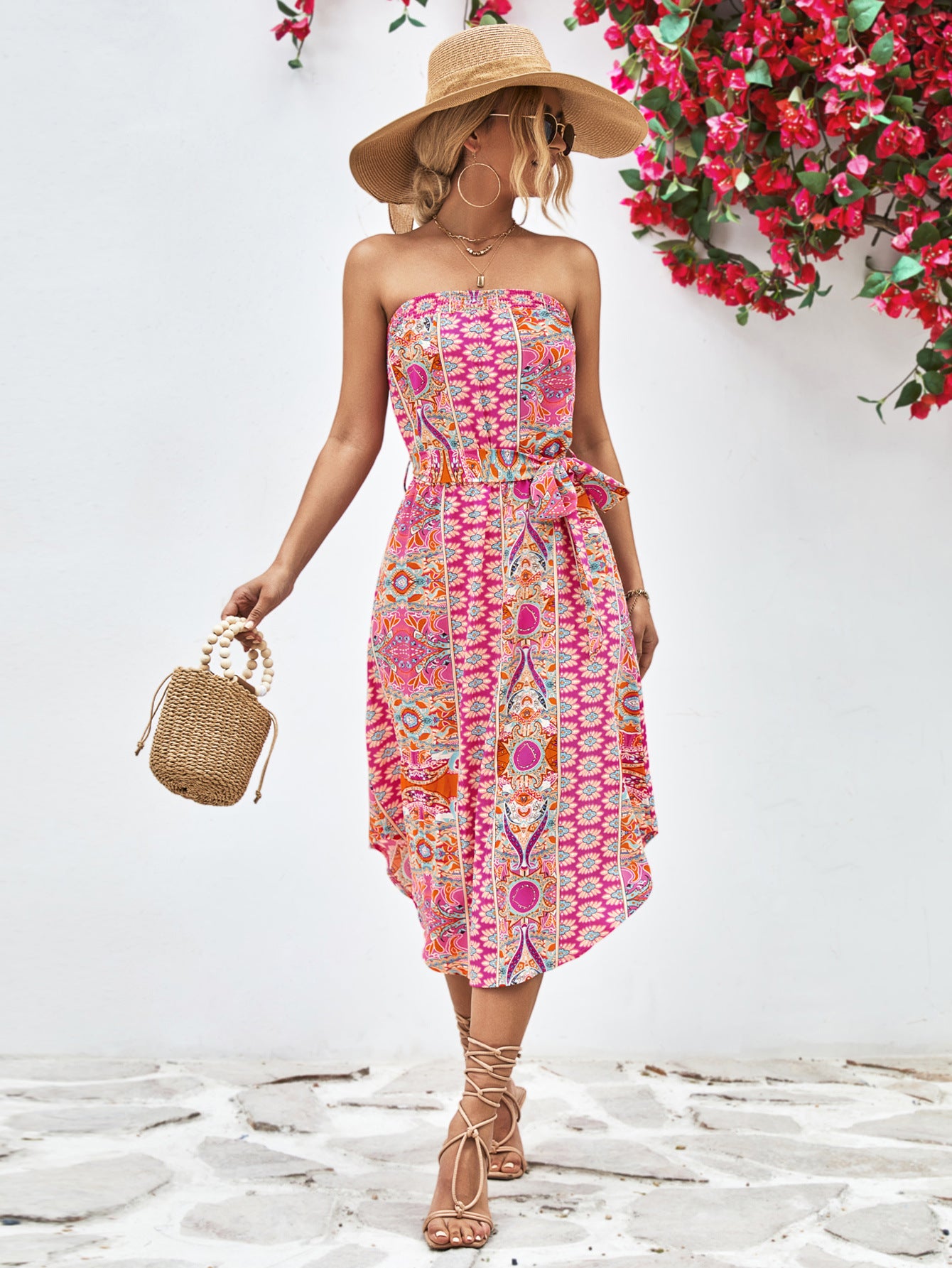 Floral Strapless Midi Dress - Boho Floral Print Belted Dress
