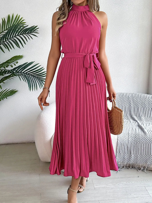 Pleated Tie-Waist Halter-Neck Midi Dress