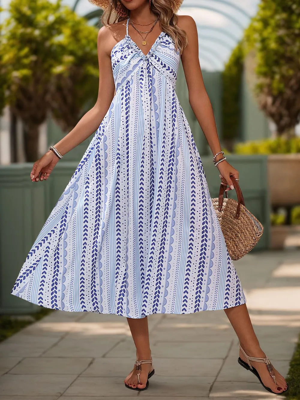 Blue Stripe Halter Neck Midi Dress | Printed Tie Back Summer Dress