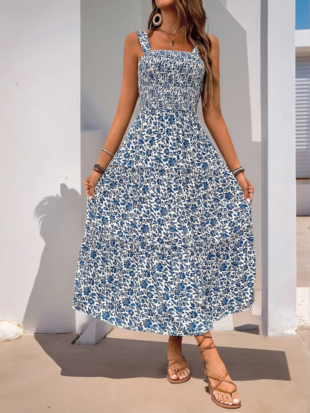 Women's Floral Midi Dress - Square Neck Ruched Cami Dress with Frill Detail