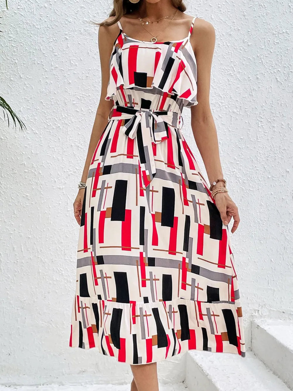 Geometric Print Cami Midi Dress with Tie Waist - Women's Midi Dress