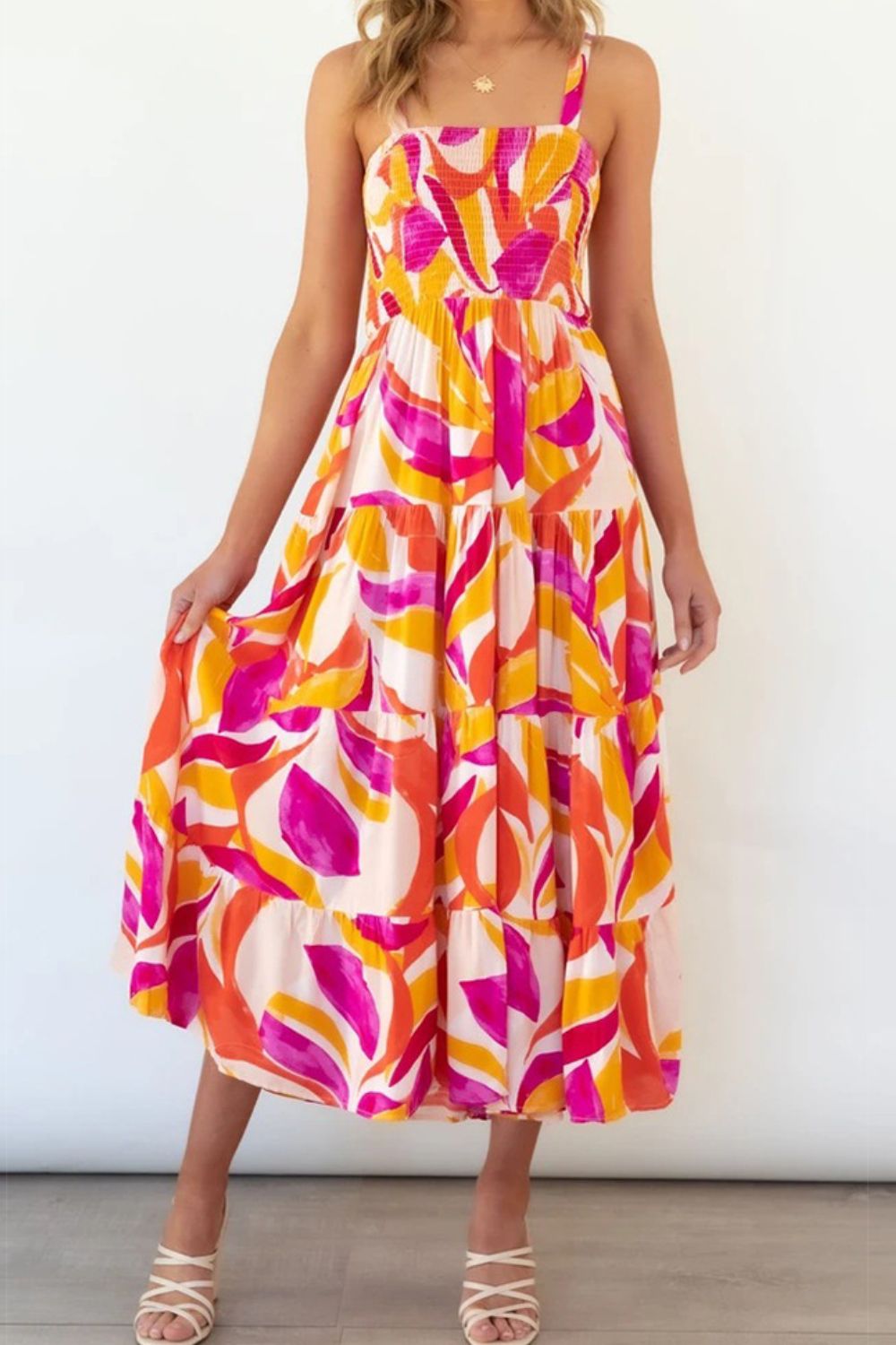 Vibrant Print Smocked Tiered Midi Dress
