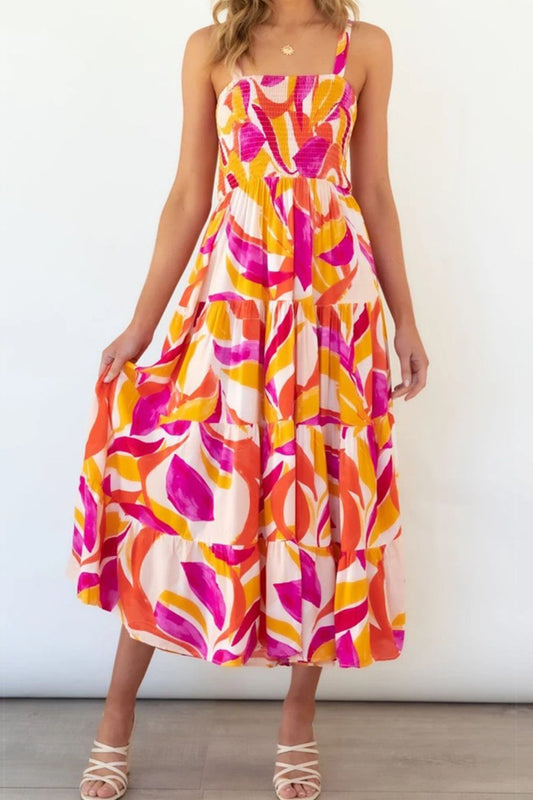Vibrant Print Smocked Tiered Midi Dress