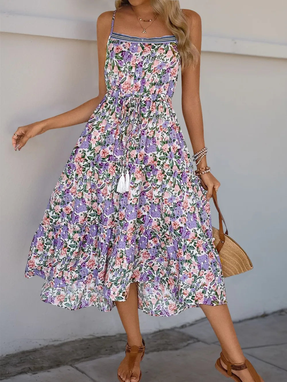 Lilac Floral Print Midi Dress with Tassel Detail