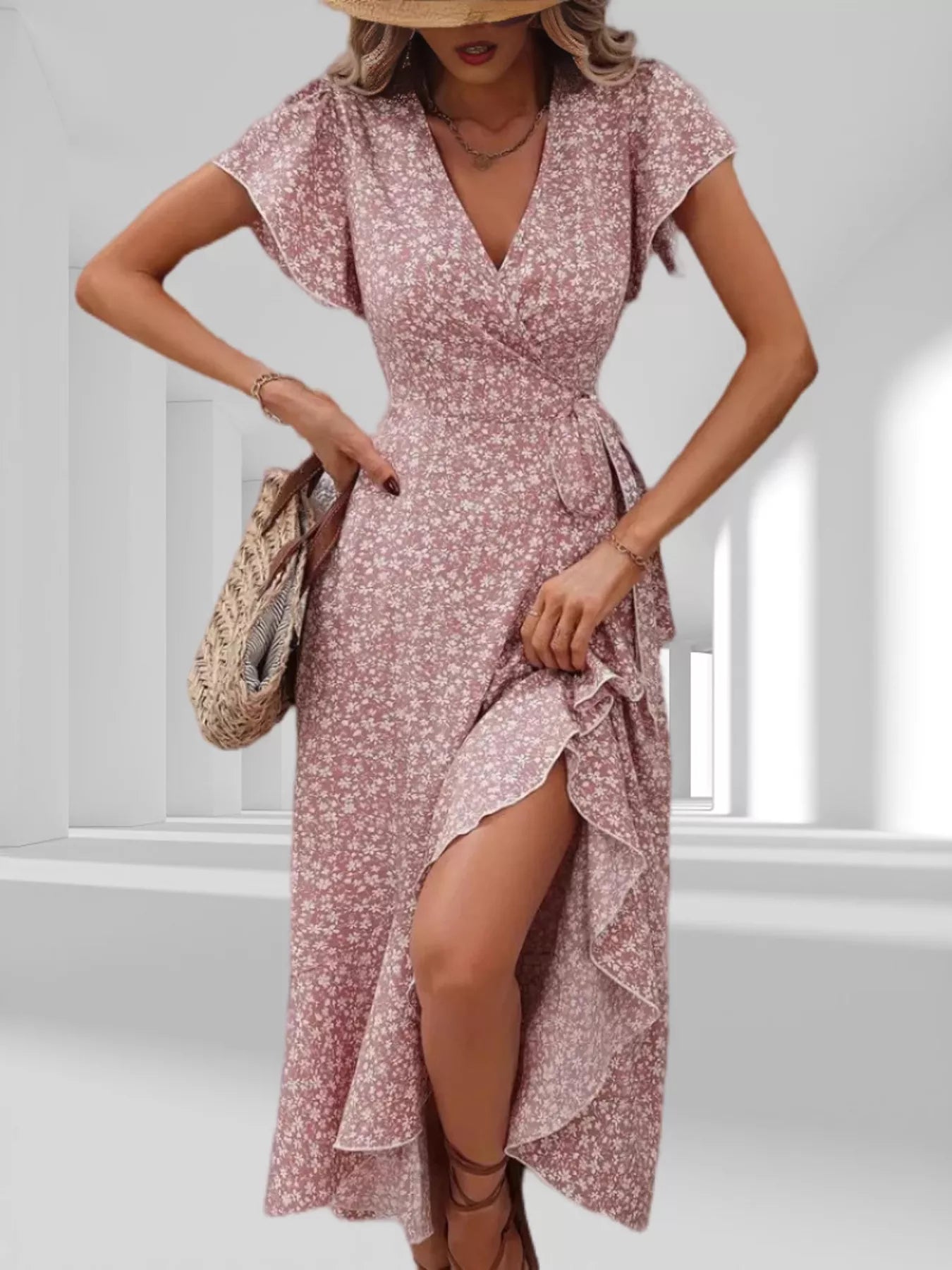 Women's Floral Wrap Midi Dress - Ruffle Hem Floral Wrap Dress Pink