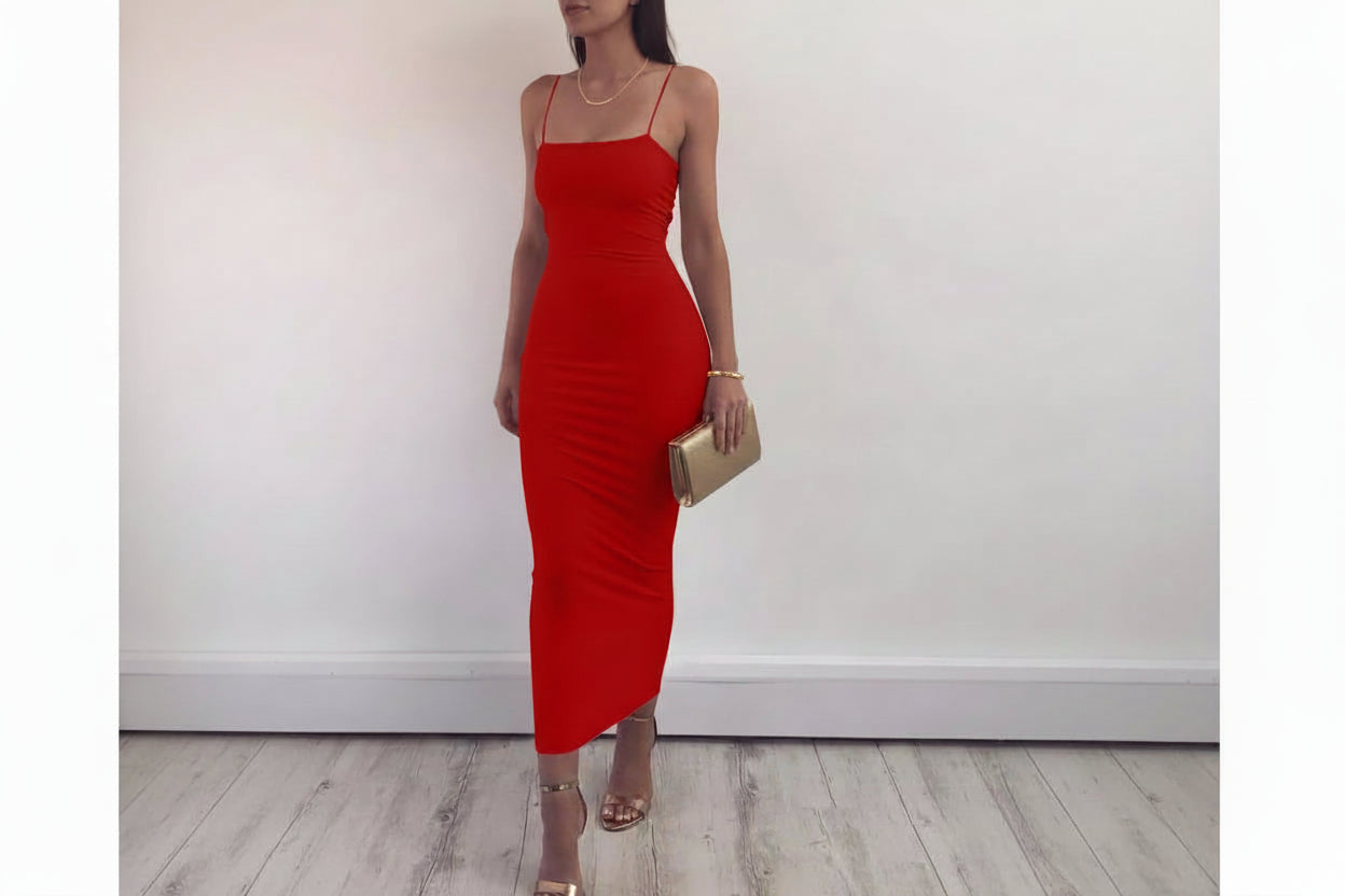 Women's Sleeveless Bodycon Midi Dress - Fitted Party Cocktail Dress Red