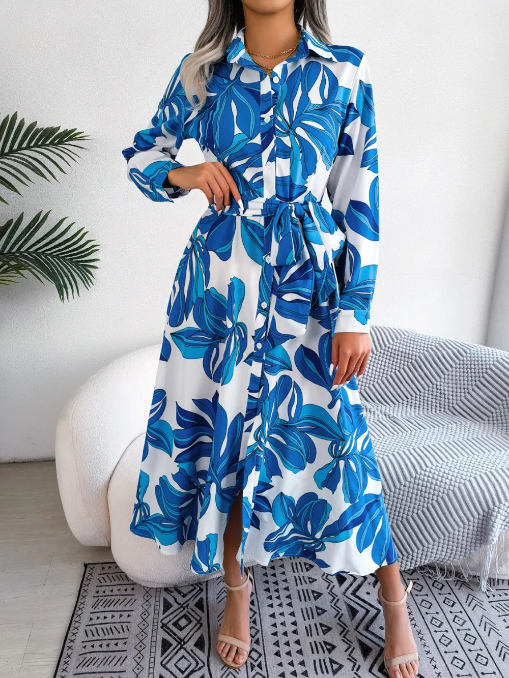 Vibrant Abstract Long Sleeve Shirt Dress blue