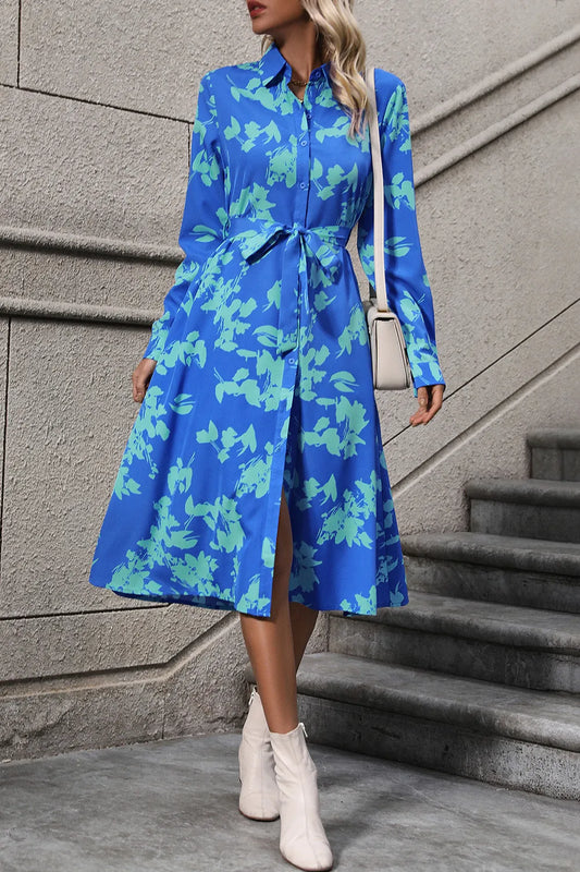 Contrast-Print Button-Up Tie-Waist Shirt Dress